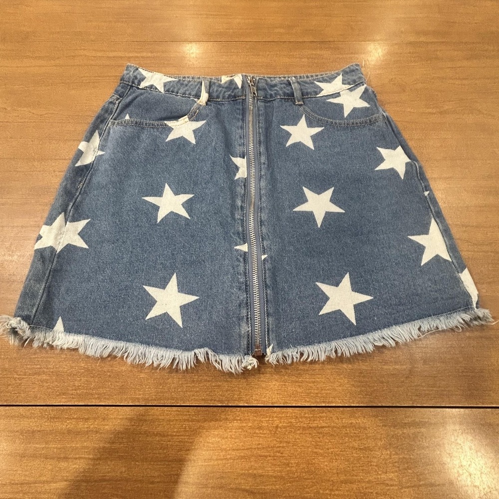 Altar'd State Skirt Womens Small Blue Denim Star‎ Print A-Line Fringe Hem Zip